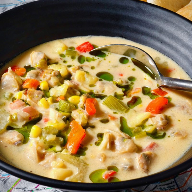 Miso Clam Chowder with Shiso Oil - delectabilia