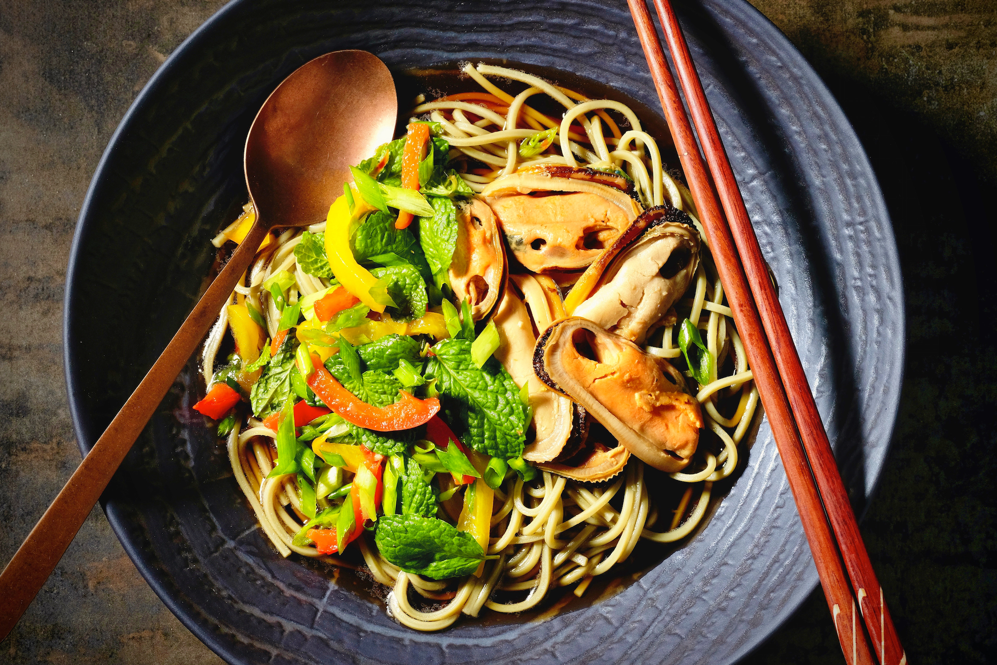 NZ Mussels Marinated in Wasabi Ginger Tsuyu on Cha Soba Noodles -  delectabilia