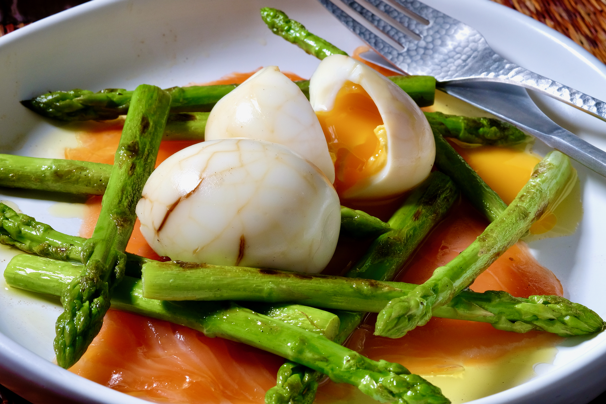 Soft-boiled eggs, dill sauce and smoked halibut with toasted